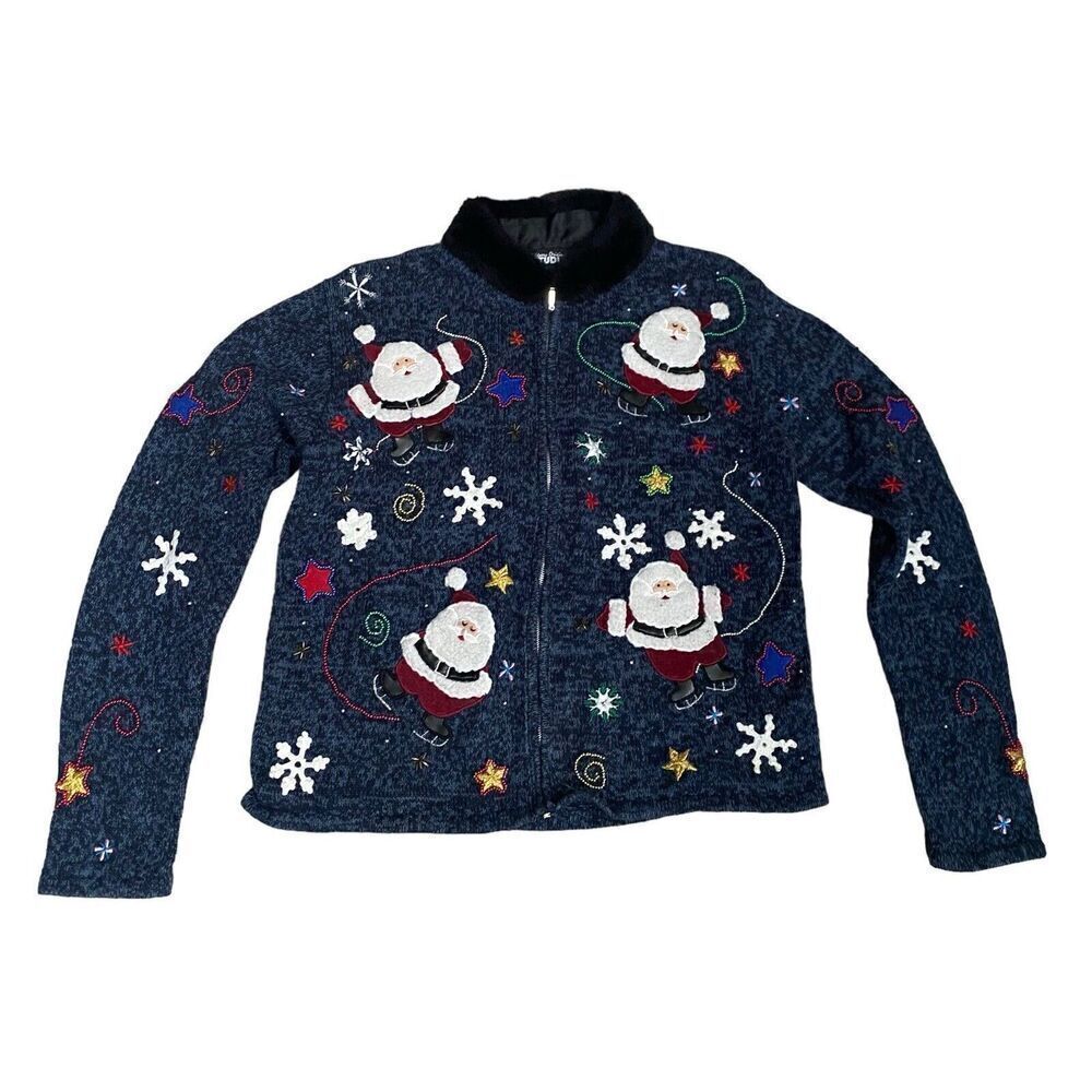 Designers Studio Zip Cardigan Sz S Blue Embroidered Beaded Christmas Sweater